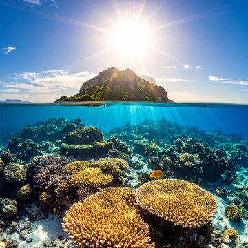 Tropical Island Split View and Vibrant Coral Reef Under Sun