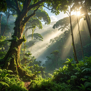 Sunlight rays shining through dense tropical rainforest canopy