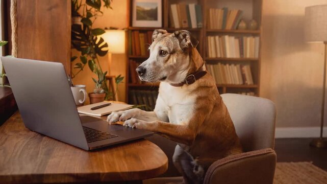 Cute dog sitting at wooden desk using laptop in cozy home office with books and plants