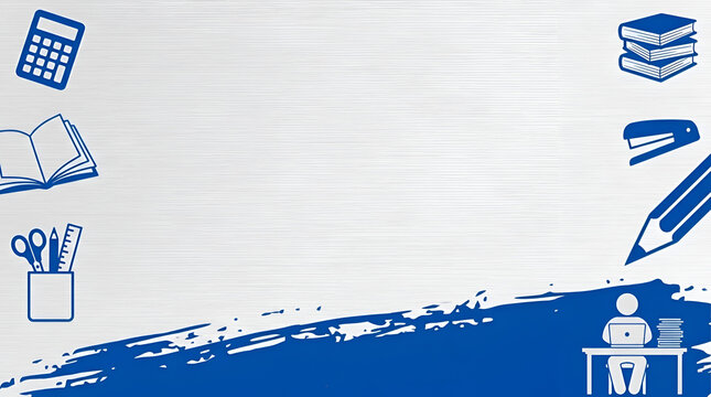 Blue and white education banner background with school supplies icons and grunge stroke