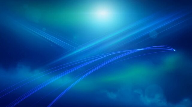 Abstract blue light trails crossing in space with glowing effects and digital atmosphere background