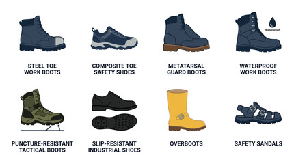 Obraz premium Different types of safety shoes and boots for occupational protection