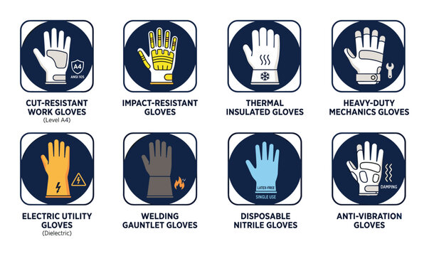 Safety Work Gloves Types Icon Set: Hand Protection for Industrial Tasks