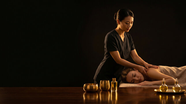 Luxury spa therapist performing relaxing shoulder massage with aromatic oils in an elegant wellness sanctuary, promoting calm and rejuvenation.
