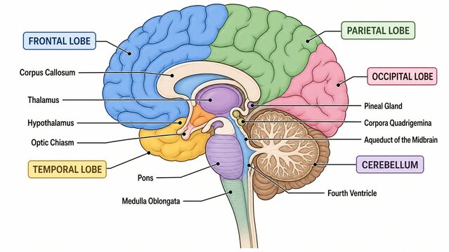 Human Brain Anatomy Illustration with Labeled Structures for Medical and Educational Purposes