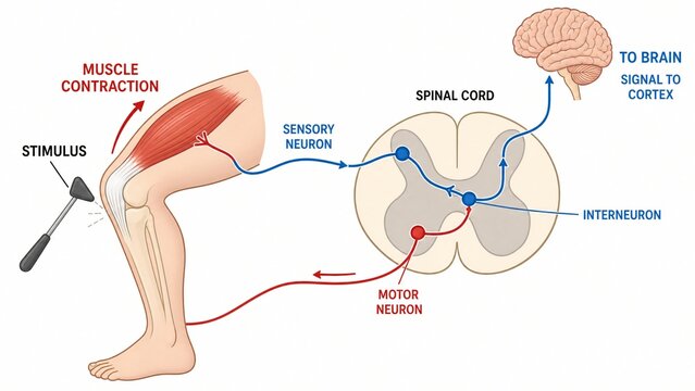 Reflex Arc Diagram Showing Knee Jerk Response via Sensory and Motor Neuron Pathways