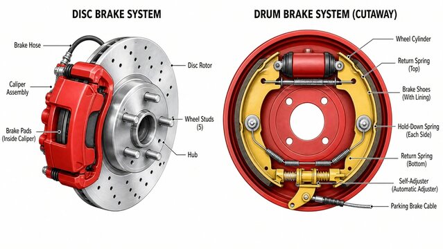 Automotive Brake Systems Diagram Detailing Disc and Drum Brake Components for Educational Use