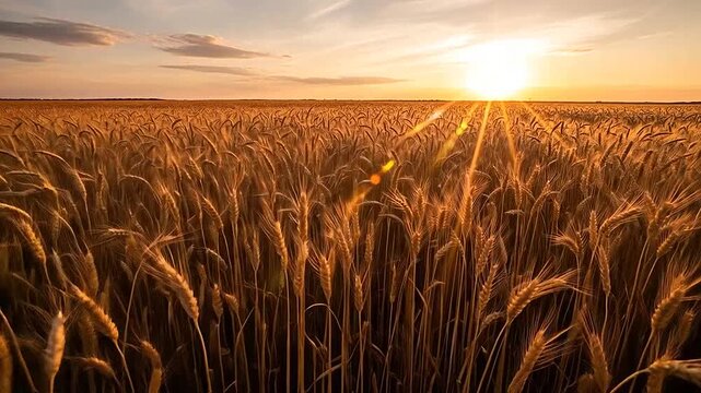Golden wheat field at sunset with sun rays shining over the horizon