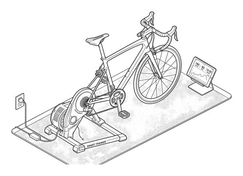 Road bike on smart indoor trainer with tablet showing performance data.