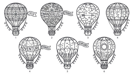 Set of 7 Hand-Drawn Hot Air Balloons with Travel, Adventure, Wanderlust Themes © Andri