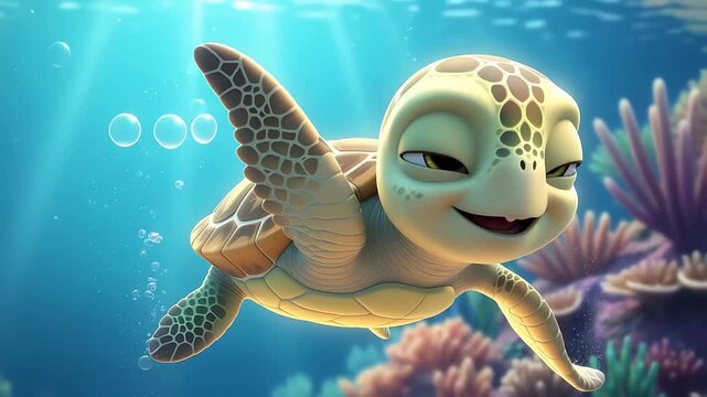 Cute animated sea turtle swimming underwater in motion video clip
