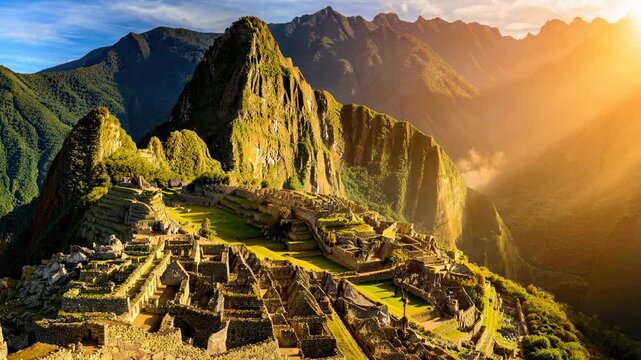 Ancient Machu Picchu ruins with lush green mountains and golden sunlight in Peru