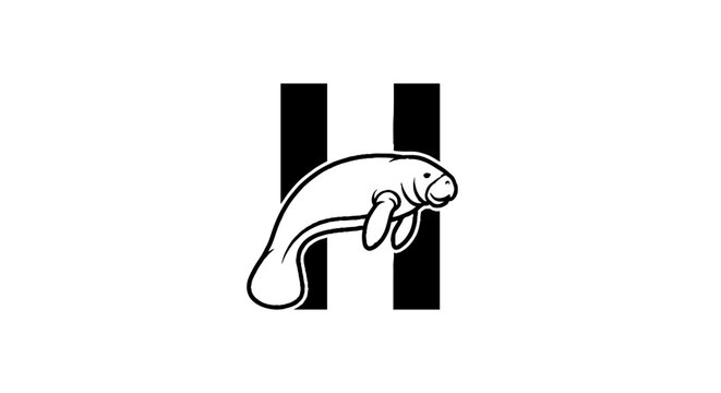 Black and white manatee illustration with letter H.