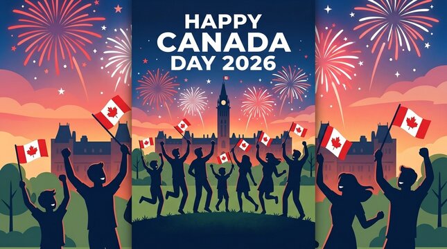 Silhouettes of happy people celebrating Canada Day with colorful fireworks display
