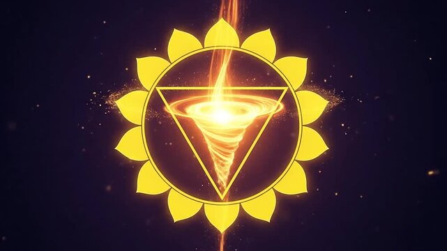 Glowing solar plexus chakra symbol with a fiery energy vortex on a dark background