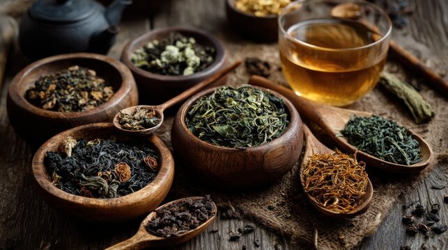 Various dried tea leaves and brewed tea
