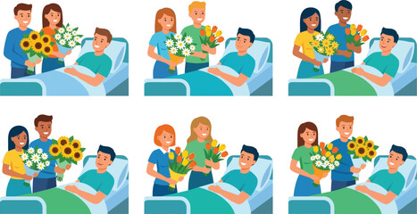 Fototapeta premium Diverse couples visiting a male patient in hospital bringing flowers representing care and recovery flat vector illustration