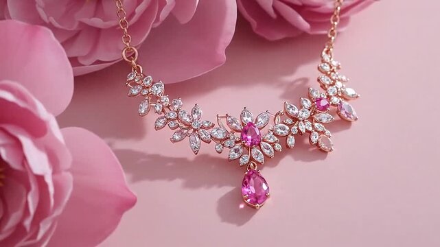 Luxury gold necklace with pink crystals and diamonds among soft flowers
