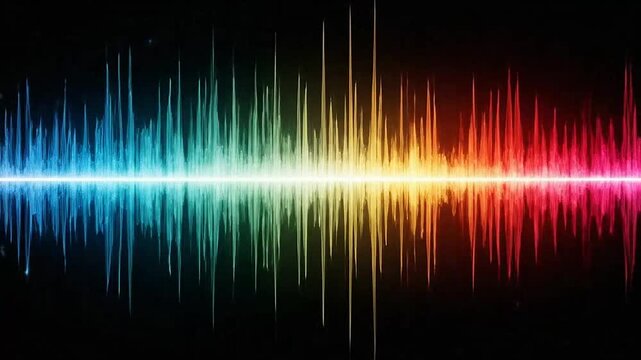 A vibrant rainbow colored sound wave equalizer on a black background