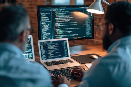 Programmers and developers collaborating on software coding in a dark office space