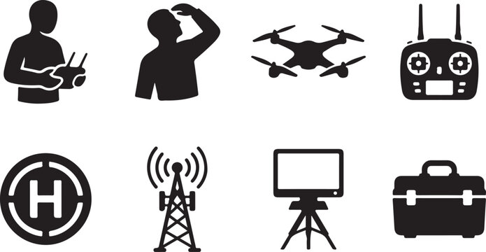 Drone technology icons with pilot and equipment in clean graphic design