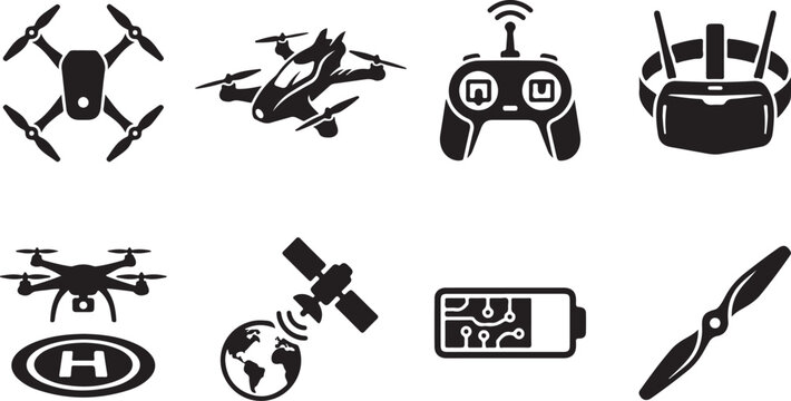 Drone technology icons with remote controller and VR headset in a clean graphic design against a white background