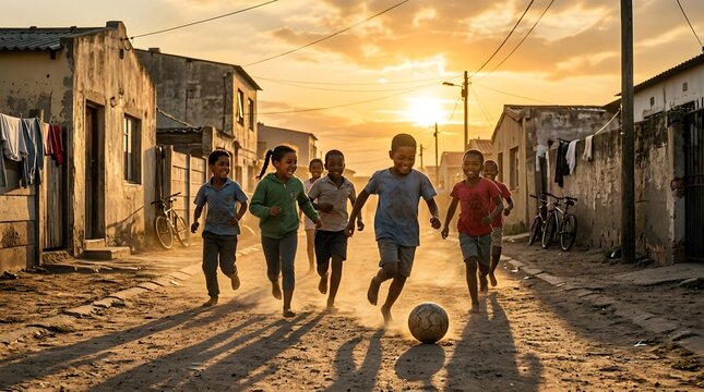 African kids running and playing football on a dusty street at sunset, South Africa