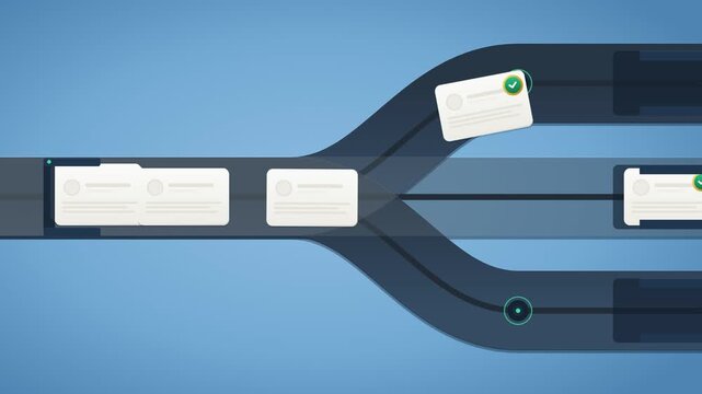 Digital data packets moving and sorting through a network conveyor belt
