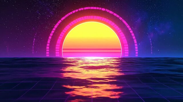 Retro futuristic neon sunset over a digital grid ocean under a starry sky