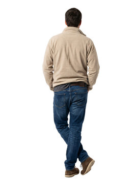 Rear view man standing 3D cutout in casual beige jacket and jeans, isolated person PNG for architectural visualization and design mockups
