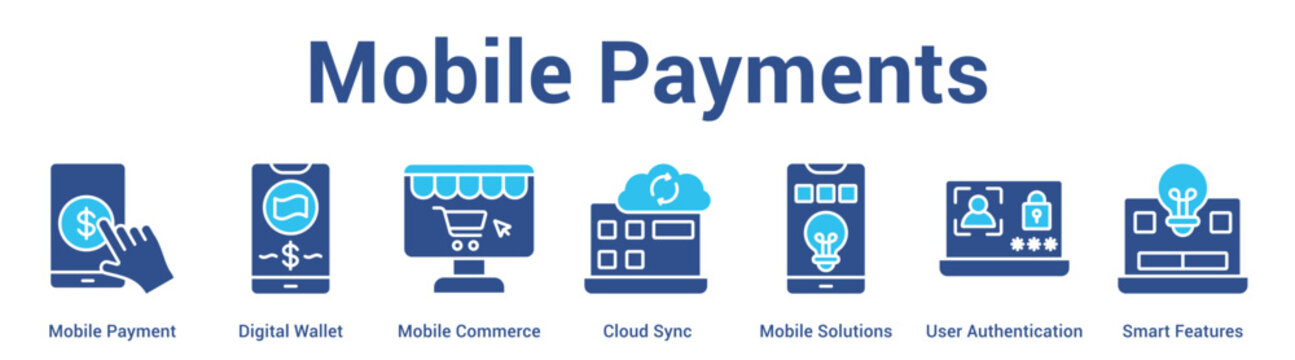 Mobile Payments web banner icon set vector illustration concept for business with icon of Mobile Payment, Digital Wallet, Mobile Commerce, Cloud Sync, Mobile Solutions, User Authenticati.