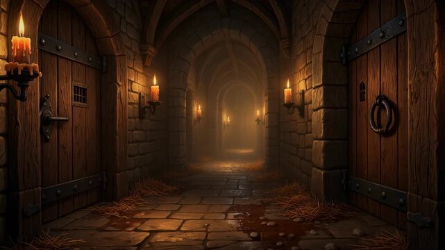 Dark medieval dungeon corridor with wooden doors lit by burning candles and stone walls creating a mysterious atmosphere