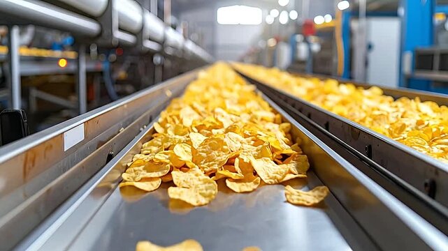Potato chips move along a conveyor belt in a modern food processing factory