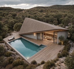 Naklejka premium Ultra Minimalist Private Pool Villa Hotel With Warm Timber Accents, Sleek Modern Architecture And Serene Forest Setting Ideal For Luxury Hospitality And Wellness Retreats (AI-Generated)