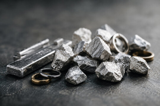 AI generated metallic ore rocks refined ingots arranged dark surface highlighting mining industry raw materials industrial production concepts