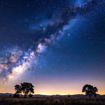 Vibrant Milky Way Galaxy over Silhouetted Trees in Night Landscape