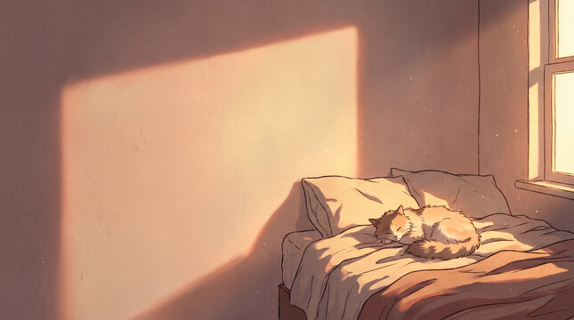 Cozy bedroom interior with a cat sleeping on the bed under warm sunset window light, lofi anime style illustration