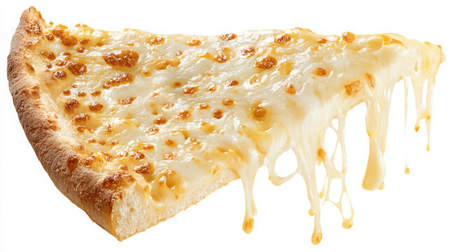 Melted cheese pizza slice isolated on white background with gooey strings