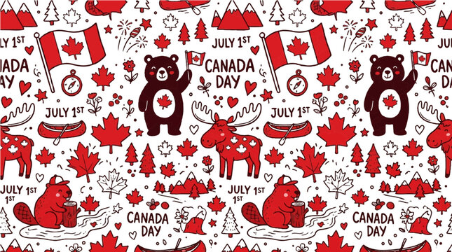 Canada Day seamless pattern, red maple leaf background, Canadian symbols vector