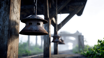 Obraz premium Three old, rusty lamps hang from a wooden beam, creating a nostalgic and atmospheric scene. The soft, diffused light and shallow depth of field give the image a dreamlike quality.