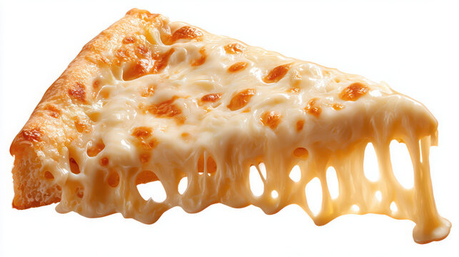 Melted cheese pizza slice with gooey strings isolated on white background