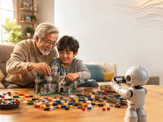 Fototapeta premium AI generated joyful grandfather child building castle together while friendly robot captures memories symbolizing family bonding creativity learning technology