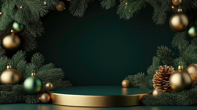 Green and gold Christmas podium with fir branches and baubles