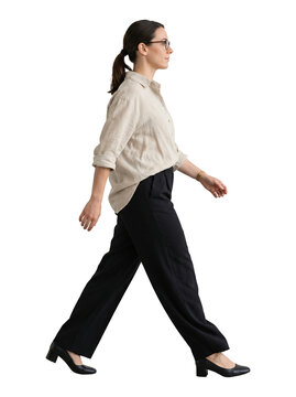 Side view woman walking in beige shirt and black pants, realistic isolated person cutout for architectural visualization and design mockups