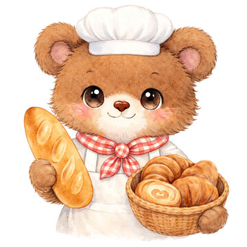 クマのパン屋さんと焼きたてパンの水彩風イラスト