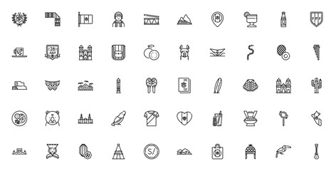 Peru icon set. Minimal linear icons featuring Machu Picchu, llama, poncho, chullo, pisco sour, Inca cola, rainbow mountain, toucan, charango and more. Editable stroke. © wang