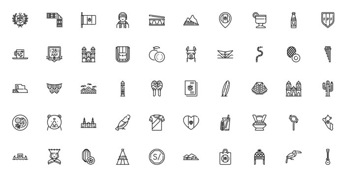 Peru icon set. Minimal linear icons featuring Machu Picchu, llama, poncho, chullo, pisco sour, Inca cola, rainbow mountain, toucan, charango and more. Editable stroke.