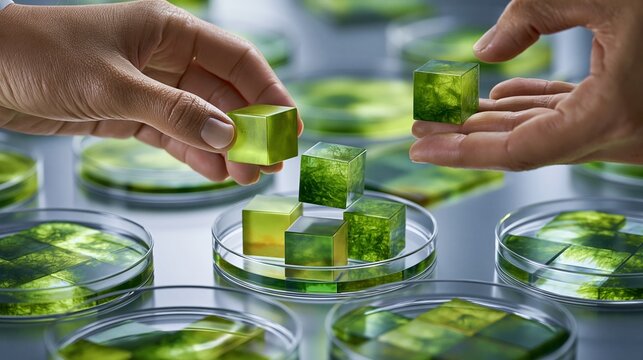 Human hands gently transferring brightly colored algae gel cubes amid premium 3D rendered petri dishes emphasizing wide composition and ethereal reflections in a modern scientific