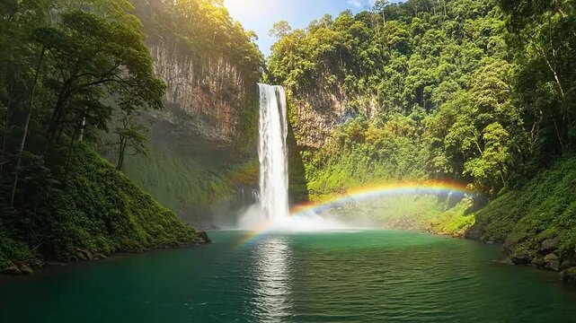 A beautiful waterfall cascades into a turquoise pool with a vibrant rainbow