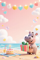 Fototapeta premium A cartoon hippo holds a wrapped gift on a sunny beach, surrounded by pastel colors, hearts, and seashells, with a birthday cake and drink nearby, in a whimsical 3D style.